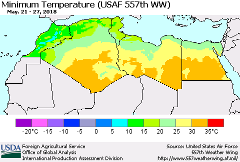 North Africa Mean Minimum Temperature (USAF 557th WW) Thematic Map For 5/21/2018 - 5/27/2018