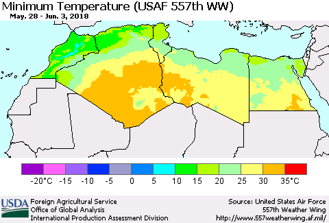 North Africa Mean Minimum Temperature (USAF 557th WW) Thematic Map For 5/28/2018 - 6/3/2018