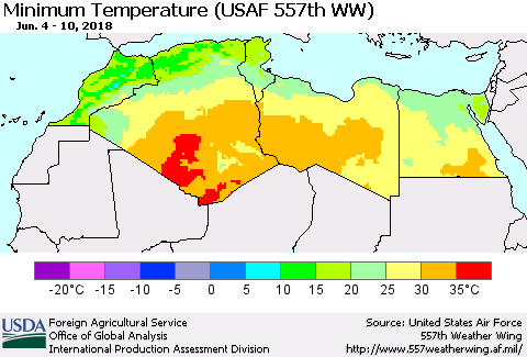 North Africa Mean Minimum Temperature (USAF 557th WW) Thematic Map For 6/4/2018 - 6/10/2018