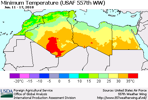 North Africa Mean Minimum Temperature (USAF 557th WW) Thematic Map For 6/11/2018 - 6/17/2018