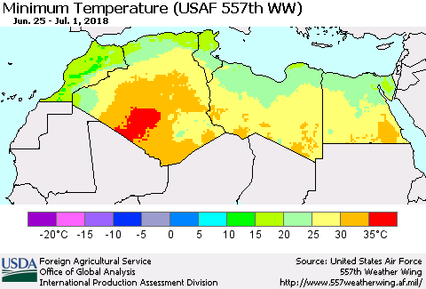 North Africa Mean Minimum Temperature (USAF 557th WW) Thematic Map For 6/25/2018 - 7/1/2018