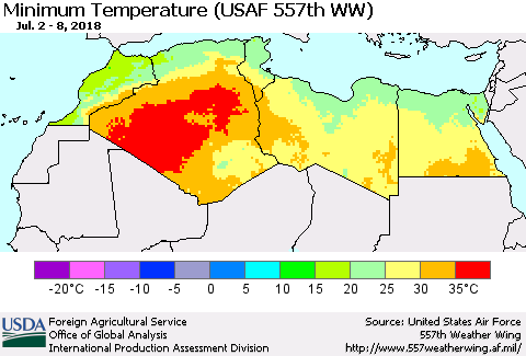 North Africa Mean Minimum Temperature (USAF 557th WW) Thematic Map For 7/2/2018 - 7/8/2018