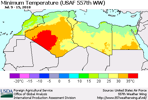 North Africa Mean Minimum Temperature (USAF 557th WW) Thematic Map For 7/9/2018 - 7/15/2018