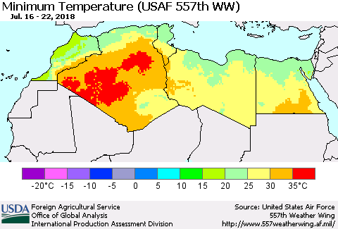 North Africa Mean Minimum Temperature (USAF 557th WW) Thematic Map For 7/16/2018 - 7/22/2018