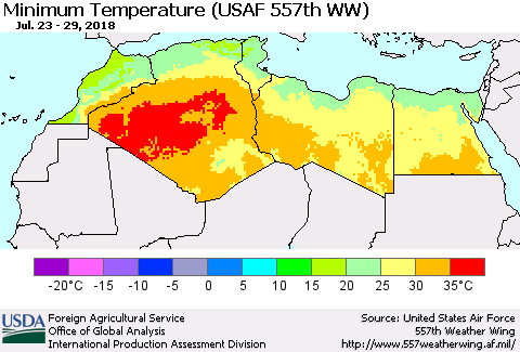 North Africa Mean Minimum Temperature (USAF 557th WW) Thematic Map For 7/23/2018 - 7/29/2018