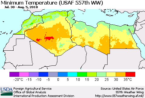 North Africa Mean Minimum Temperature (USAF 557th WW) Thematic Map For 7/30/2018 - 8/5/2018