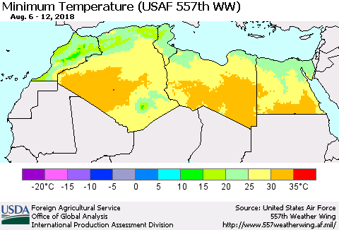 North Africa Mean Minimum Temperature (USAF 557th WW) Thematic Map For 8/6/2018 - 8/12/2018