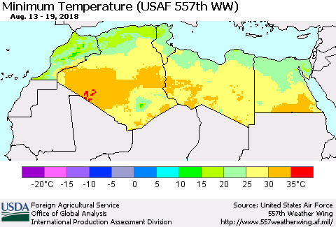 North Africa Mean Minimum Temperature (USAF 557th WW) Thematic Map For 8/13/2018 - 8/19/2018