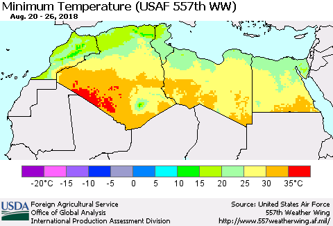 North Africa Mean Minimum Temperature (USAF 557th WW) Thematic Map For 8/20/2018 - 8/26/2018