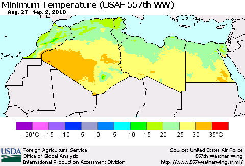 North Africa Mean Minimum Temperature (USAF 557th WW) Thematic Map For 8/27/2018 - 9/2/2018