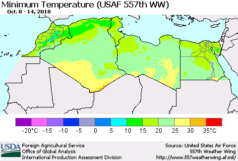 North Africa Mean Minimum Temperature (USAF 557th WW) Thematic Map For 10/8/2018 - 10/14/2018