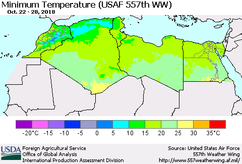 North Africa Mean Minimum Temperature (USAF 557th WW) Thematic Map For 10/22/2018 - 10/28/2018