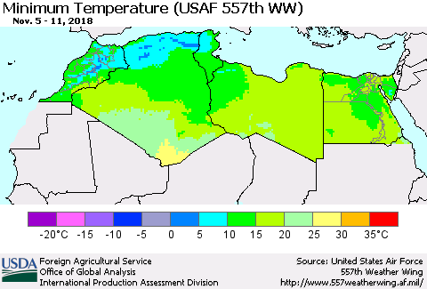 North Africa Mean Minimum Temperature (USAF 557th WW) Thematic Map For 11/5/2018 - 11/11/2018