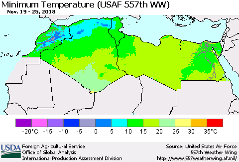 North Africa Mean Minimum Temperature (USAF 557th WW) Thematic Map For 11/19/2018 - 11/25/2018