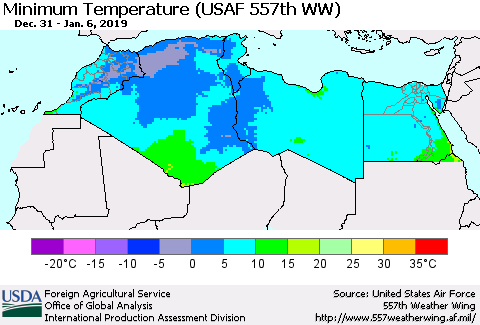 North Africa Mean Minimum Temperature (USAF 557th WW) Thematic Map For 12/31/2018 - 1/6/2019