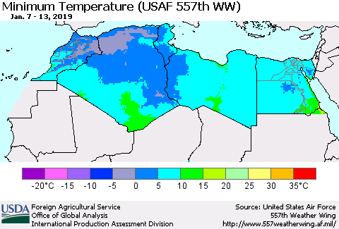 North Africa Mean Minimum Temperature (USAF 557th WW) Thematic Map For 1/7/2019 - 1/13/2019