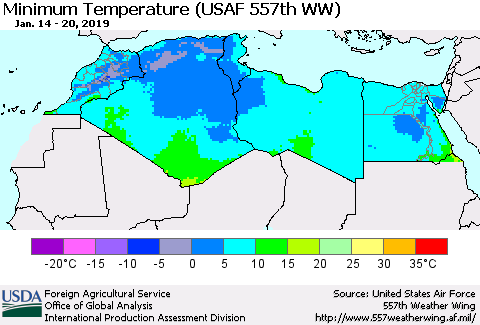 North Africa Mean Minimum Temperature (USAF 557th WW) Thematic Map For 1/14/2019 - 1/20/2019