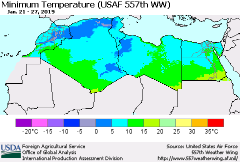 North Africa Mean Minimum Temperature (USAF 557th WW) Thematic Map For 1/21/2019 - 1/27/2019