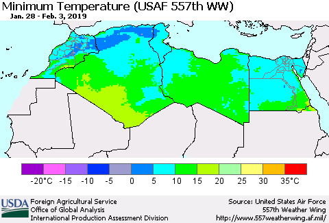 North Africa Mean Minimum Temperature (USAF 557th WW) Thematic Map For 1/28/2019 - 2/3/2019