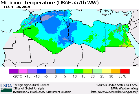 North Africa Mean Minimum Temperature (USAF 557th WW) Thematic Map For 2/4/2019 - 2/10/2019