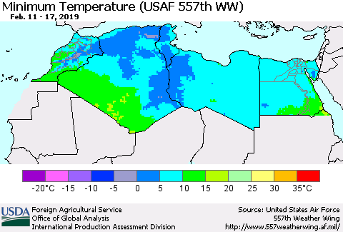 North Africa Mean Minimum Temperature (USAF 557th WW) Thematic Map For 2/11/2019 - 2/17/2019