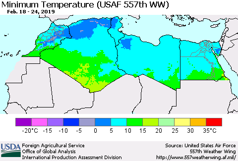 North Africa Mean Minimum Temperature (USAF 557th WW) Thematic Map For 2/18/2019 - 2/24/2019