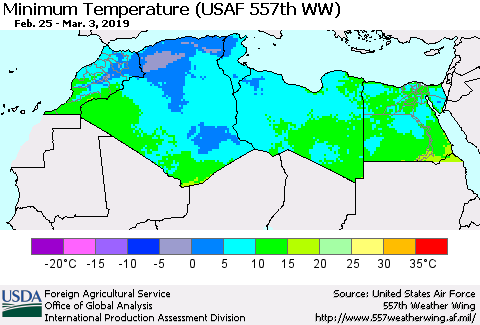 North Africa Mean Minimum Temperature (USAF 557th WW) Thematic Map For 2/25/2019 - 3/3/2019