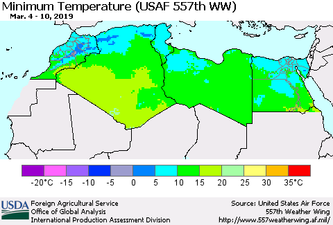 North Africa Mean Minimum Temperature (USAF 557th WW) Thematic Map For 3/4/2019 - 3/10/2019