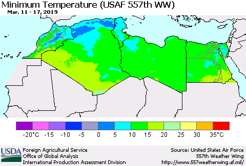 North Africa Mean Minimum Temperature (USAF 557th WW) Thematic Map For 3/11/2019 - 3/17/2019