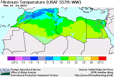 North Africa Mean Minimum Temperature (USAF 557th WW) Thematic Map For 3/18/2019 - 3/24/2019