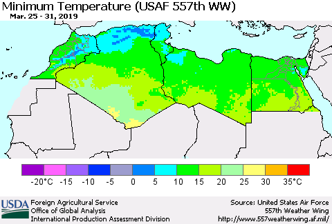 North Africa Mean Minimum Temperature (USAF 557th WW) Thematic Map For 3/25/2019 - 3/31/2019