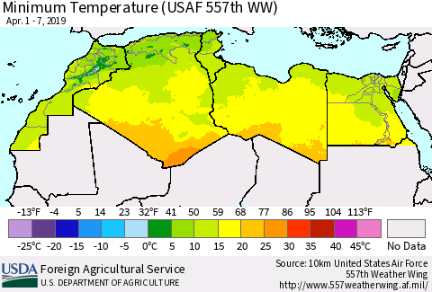 North Africa Mean Minimum Temperature (USAF 557th WW) Thematic Map For 4/1/2019 - 4/7/2019