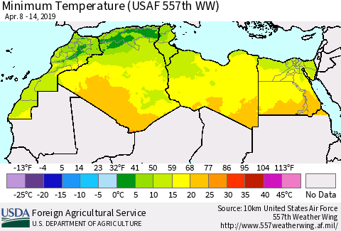 North Africa Mean Minimum Temperature (USAF 557th WW) Thematic Map For 4/8/2019 - 4/14/2019