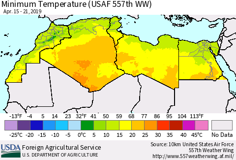 North Africa Mean Minimum Temperature (USAF 557th WW) Thematic Map For 4/15/2019 - 4/21/2019