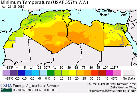 North Africa Mean Minimum Temperature (USAF 557th WW) Thematic Map For 4/22/2019 - 4/28/2019