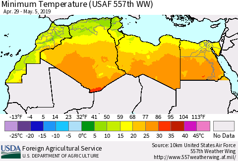 North Africa Mean Minimum Temperature (USAF 557th WW) Thematic Map For 4/29/2019 - 5/5/2019
