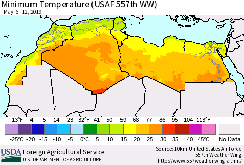 North Africa Mean Minimum Temperature (USAF 557th WW) Thematic Map For 5/6/2019 - 5/12/2019