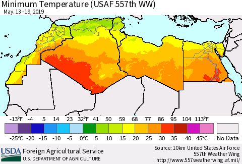 North Africa Mean Minimum Temperature (USAF 557th WW) Thematic Map For 5/13/2019 - 5/19/2019