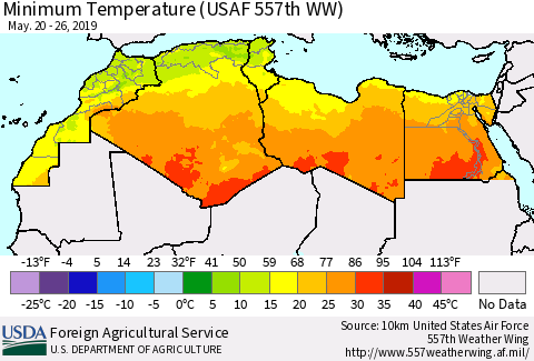 North Africa Mean Minimum Temperature (USAF 557th WW) Thematic Map For 5/20/2019 - 5/26/2019