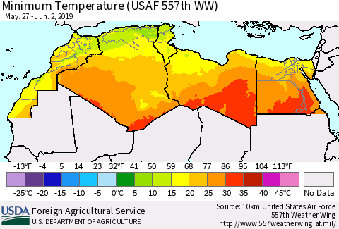 North Africa Mean Minimum Temperature (USAF 557th WW) Thematic Map For 5/27/2019 - 6/2/2019