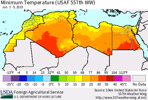 North Africa Mean Minimum Temperature (USAF 557th WW) Thematic Map For 6/3/2019 - 6/9/2019