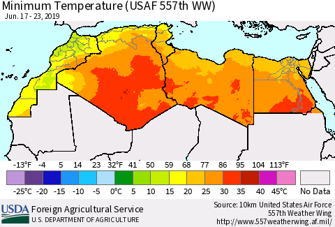 North Africa Mean Minimum Temperature (USAF 557th WW) Thematic Map For 6/17/2019 - 6/23/2019