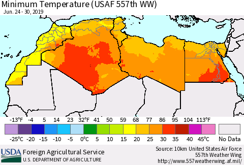 North Africa Mean Minimum Temperature (USAF 557th WW) Thematic Map For 6/24/2019 - 6/30/2019