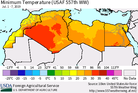 North Africa Mean Minimum Temperature (USAF 557th WW) Thematic Map For 7/1/2019 - 7/7/2019