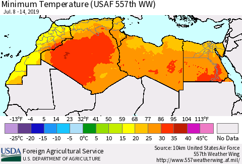 North Africa Mean Minimum Temperature (USAF 557th WW) Thematic Map For 7/8/2019 - 7/14/2019