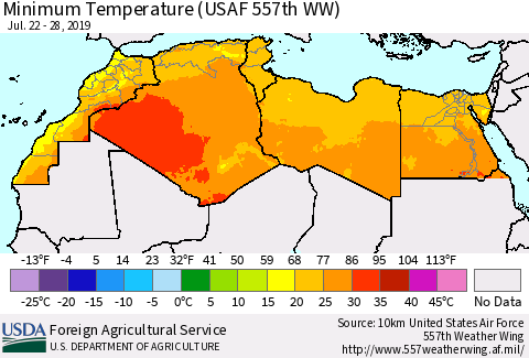 North Africa Mean Minimum Temperature (USAF 557th WW) Thematic Map For 7/22/2019 - 7/28/2019
