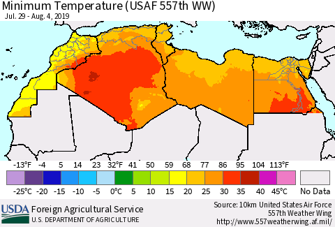 North Africa Mean Minimum Temperature (USAF 557th WW) Thematic Map For 7/29/2019 - 8/4/2019