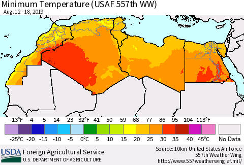North Africa Mean Minimum Temperature (USAF 557th WW) Thematic Map For 8/12/2019 - 8/18/2019