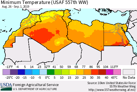 North Africa Mean Minimum Temperature (USAF 557th WW) Thematic Map For 8/26/2019 - 9/1/2019