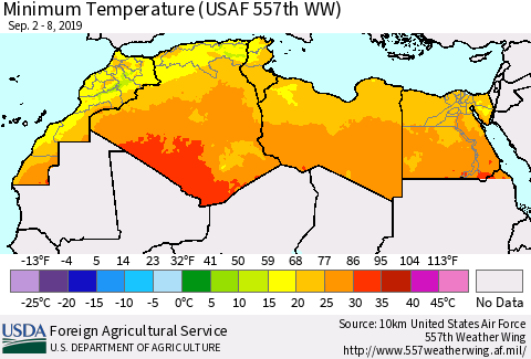 North Africa Mean Minimum Temperature (USAF 557th WW) Thematic Map For 9/2/2019 - 9/8/2019